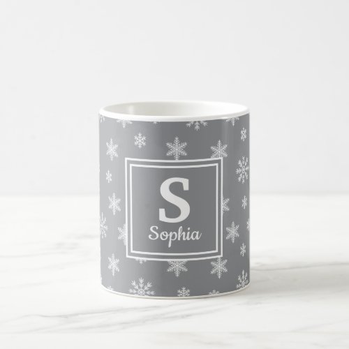 Christmas white snowflakes Grey monogram Coffee Mug