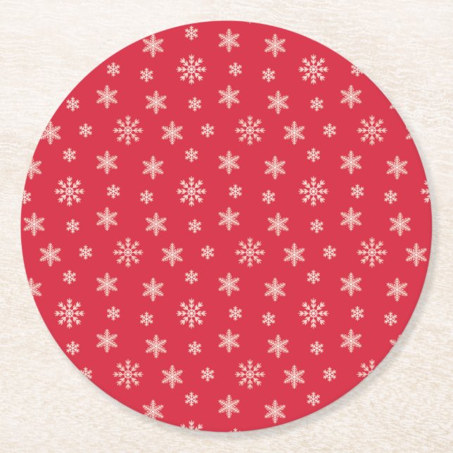 Christmas white snowflakes modern pattern red round paper coaster (Front)