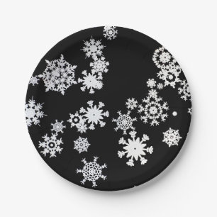 Christmas White Snowflakes On Black Paper Plates