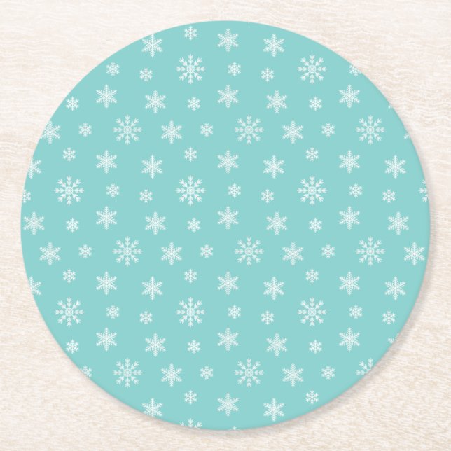 Christmas white snowflakes pattern turquoise round paper coaster (Front)