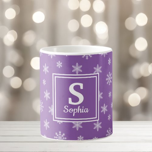 Christmas white snowflakes Purple monogram Coffee Mug