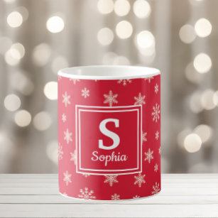 Christmas white snowflakes Red monogram Coffee Mug