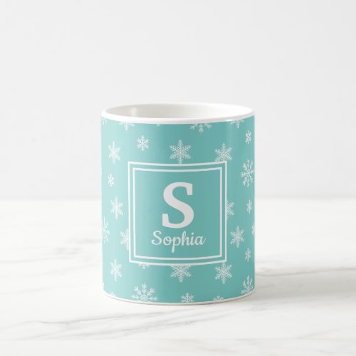 Christmas white snowflakes Turquoise monogram Coffee Mug