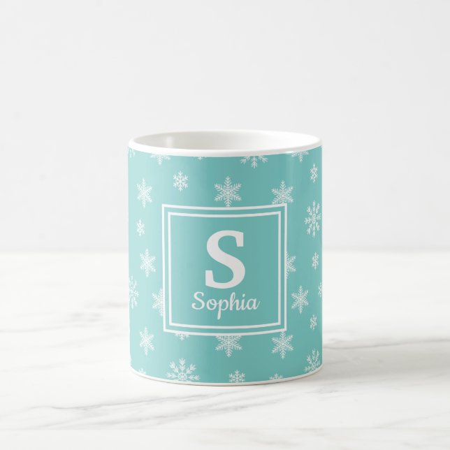 Christmas white snowflakes Turquoise monogram Coffee Mug (Center)