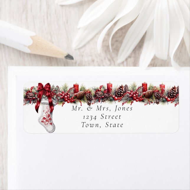 Christmas White Stocking Red Satin Ribbon   Label (Insitu)