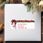 Christmas White Stocking Red Satin Ribbon   Label<br><div class="desc">Pretty white Christmas stocking with red embroidered accents and a big,  shiny red satin bow.  Beautiful garland with red candles pine cones,  red berries and tree branches dusted with snow.

#generative content</div>