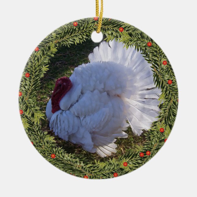 Christmas White Turkey Tom Ceramic Ornament (Front)