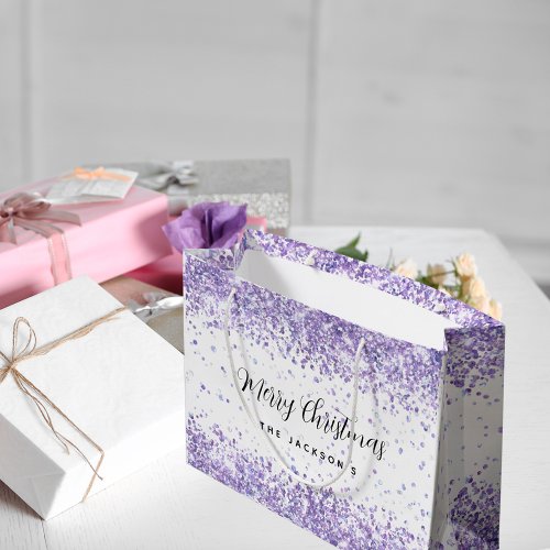 Christmas white violet sparkles name large gift bag