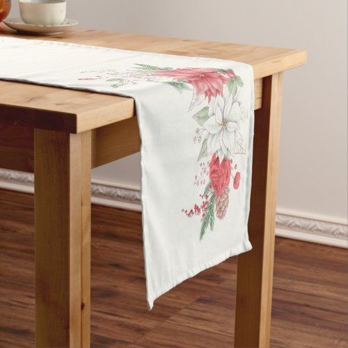 Christmas White Watercolor Poinsettia Short Table  Short Table Runner