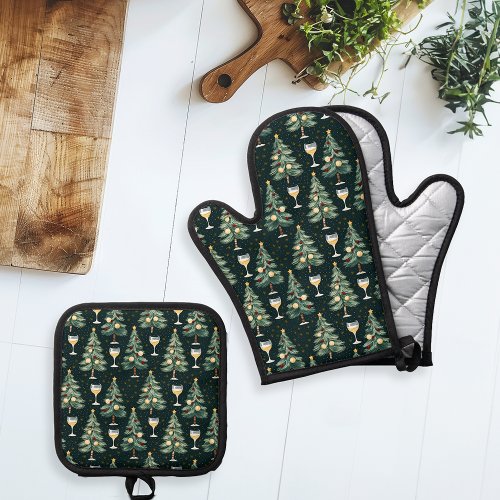 Christmas White Wine Lover Oven Mitt  Pot Holder Set