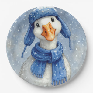 Christmas White Winter Goose With Blue Scarf Paper Plates