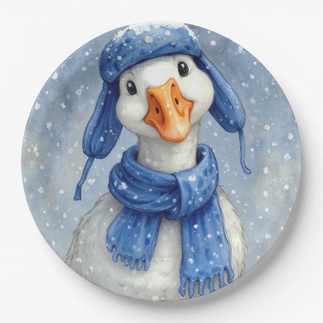 Christmas White Winter Goose With Blue Scarf Paper Plates (Front)