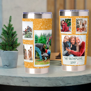 Christmas White Yellow Doodles 6 Photo Family Gift Insulated Tumbler