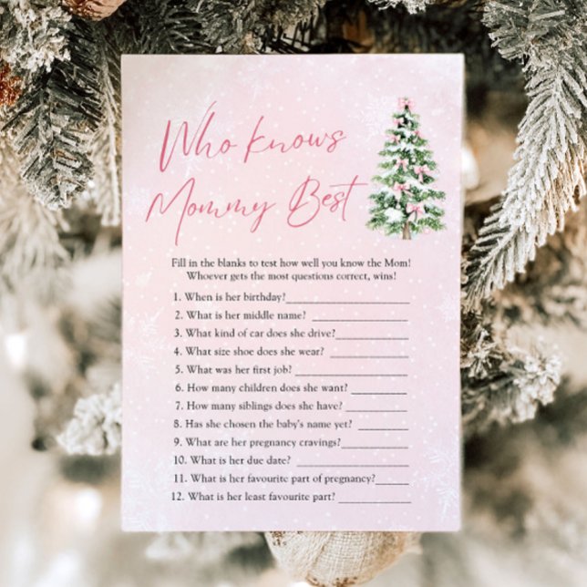 Christmas Who Knows Mommy Best Baby Shower Game Invitation (Pink Bows Christmas Who Knows Mommy Best Baby Shower Game )