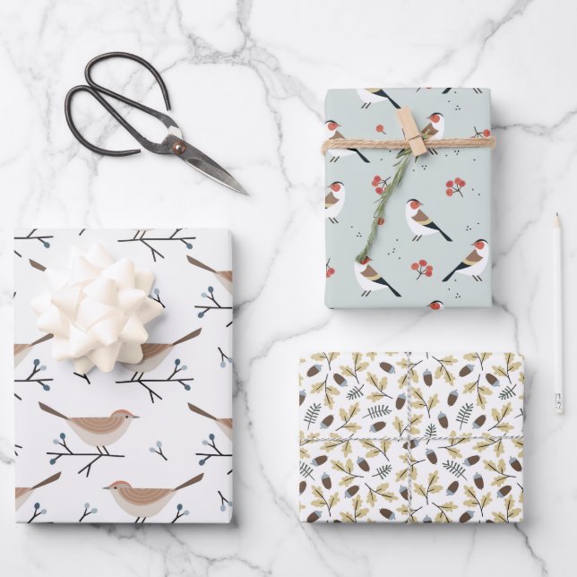 Christmas Wild Birds and Branches Pattern Wrapping Paper Sheets (Front)