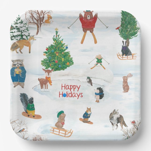 Christmas Wildlife in Snowflakes  Paper Plates (Front)