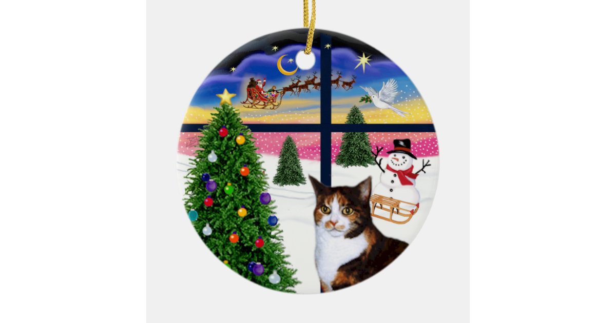 Christmas Window Calico Cat Amer Short Hair Ceramic Ornament