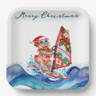 Christmas Windsurfing Hippo Tropical Beach Party Paper Plates
