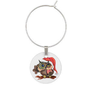 Christmas Wine Charm Baby Owl with Gifts