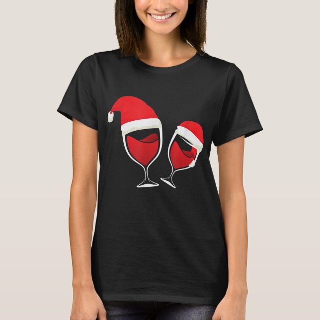 Christmas Wine Glass of Red Wine Santa Hat T Shirt (Front)