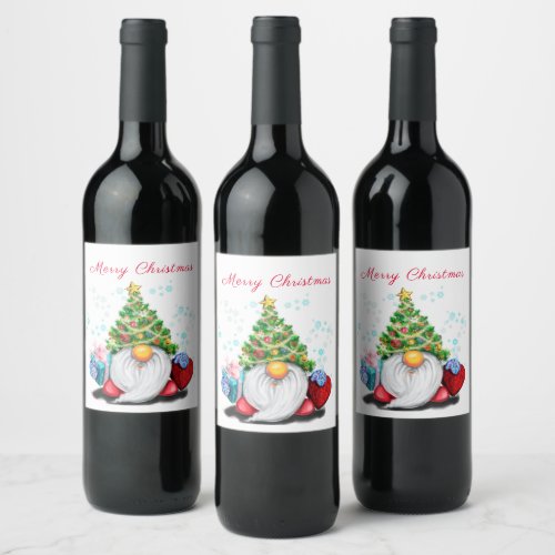 Christmas Wine Label Happy Gnome with Gift 