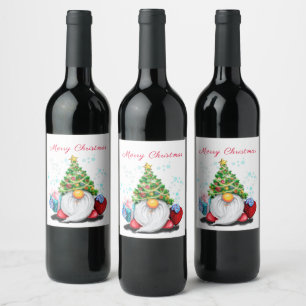 Christmas Wine Labels Happy Gnome with Gift 