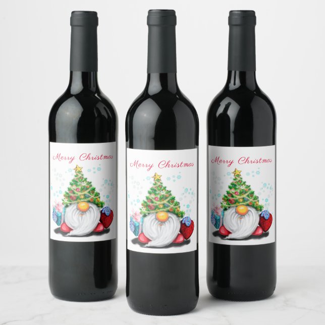 Christmas Wine Labels Happy Gnome with Gift  (Bottles)