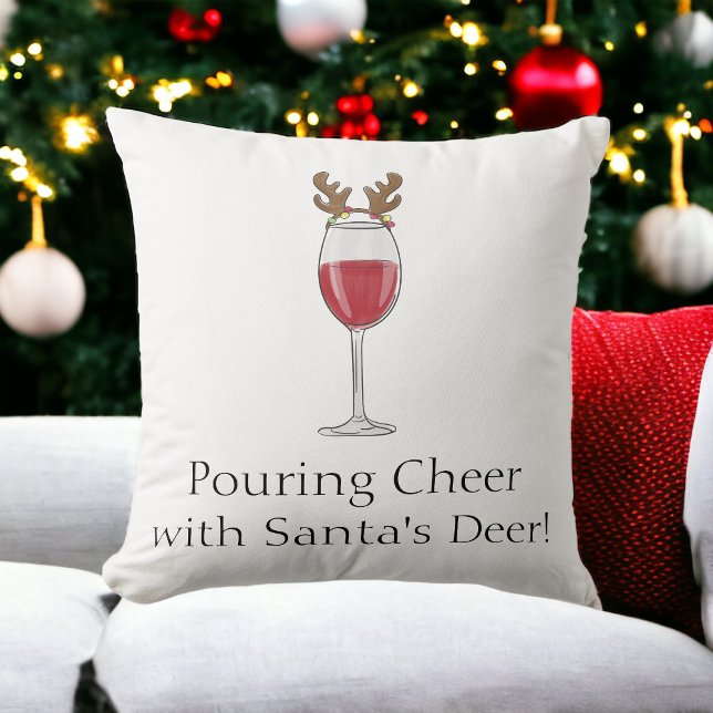 Christmas Wine Pouring Cheer with Santa's Deer Throw Pillow (Creator Uploaded)