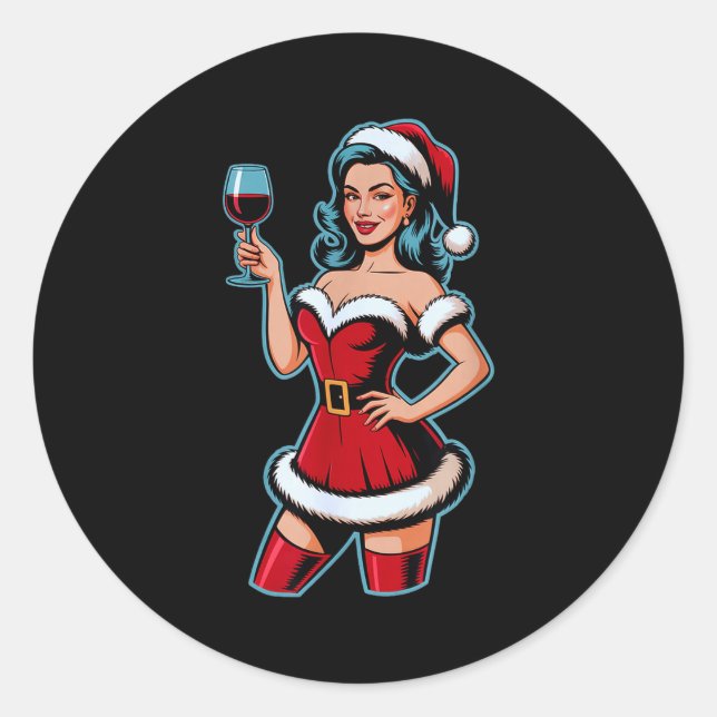 Christmas Wine Santa Girl Holiday Party Funny Vint Classic Round Sticker (Front)