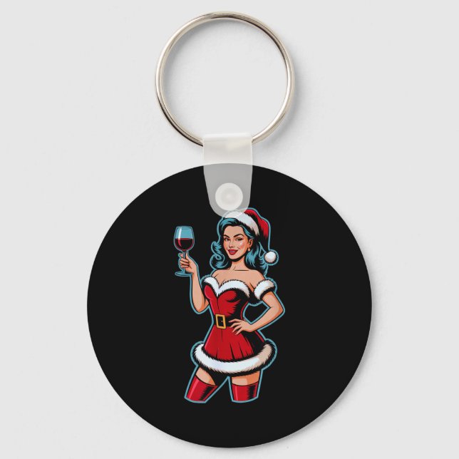 Christmas Wine Santa Girl Holiday Party Funny Vint Keychain (Front)