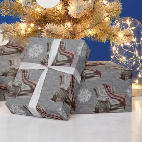  Christmas Wingback Plaid Snowflakes Steel Gray Wrapping Paper