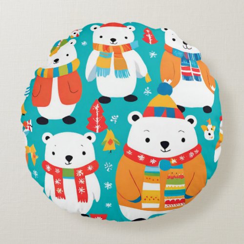 Christmas Winter Animal Party Pattern Round Pillow