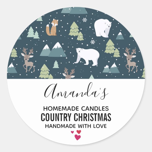 Christmas Winter Animals Rustic Pattern Candle Classic Round Sticker (Front)
