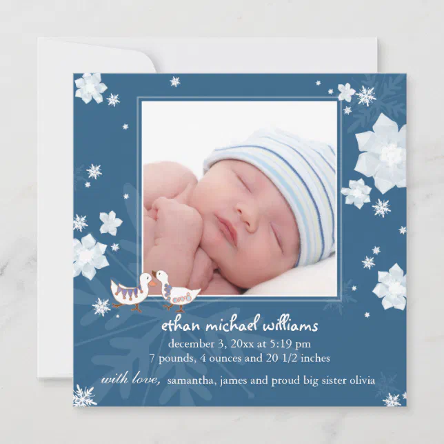 Christmas Winter Baby Boy Blue Birth Announcement | Zazzle