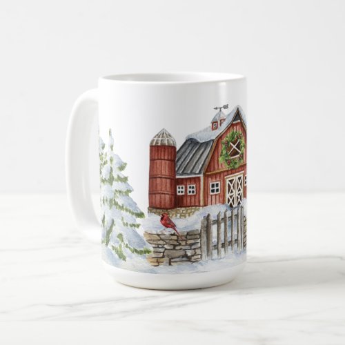 Christmas Winter Barn Snowman Trees Red Bird Snow Coffee Mug