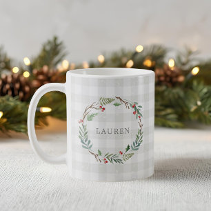 Christmas Winter Berries Wreath Custom Name Coffee Mug