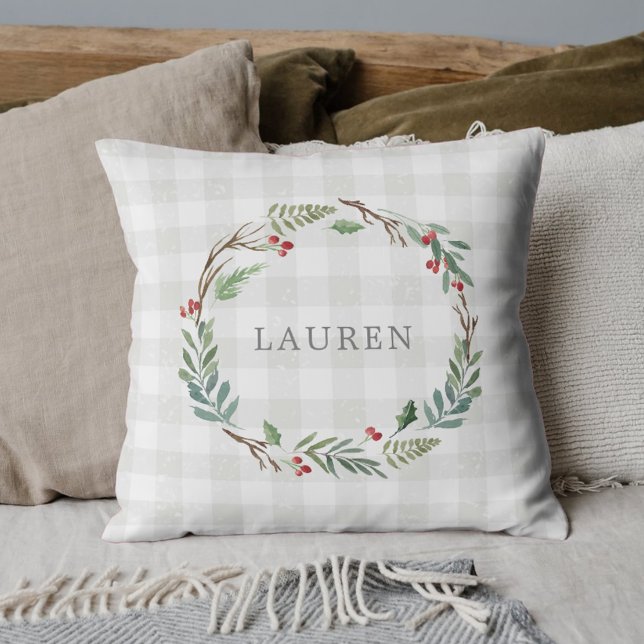 Christmas Winter Berries Wreath Custom Name Throw Pillow (Creator Uploaded)