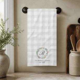Christmas Winter Berries Wreath Family Name Kitchen Towel