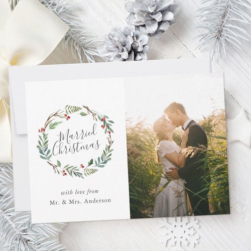 Christmas Winter Berries Wreath Married Christmas Holiday Card