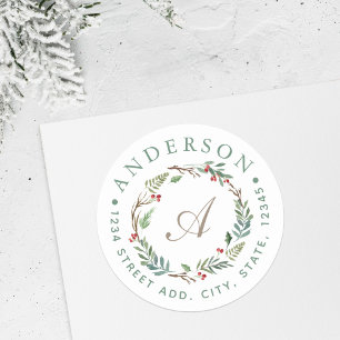Christmas Winter Berries Wreath Monogram Address Classic Round Sticker