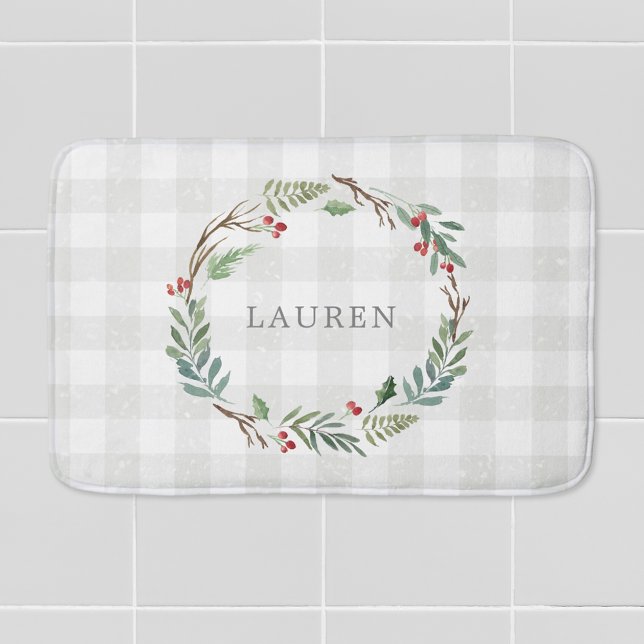 Christmas Winter Berries Wreath Monogram Bath Mat (Creator Uploaded)