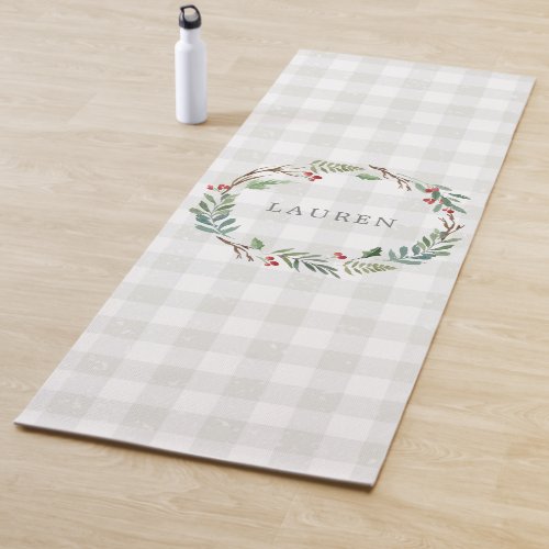 Christmas Winter Berries Wreath Monogram Yoga Mat