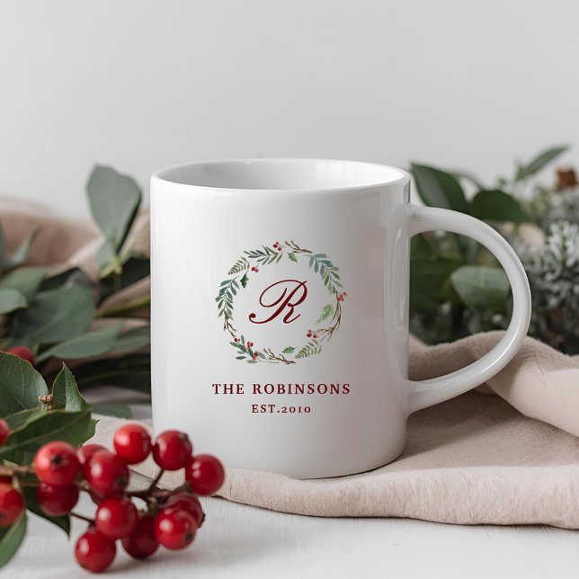 Christmas Winter Berry Wreath Family Name Monogram Coffee Mug (Creator Uploaded)