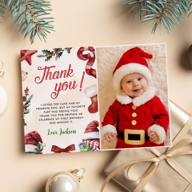 Christmas Winter Birthday Party Photo Thank You Card (Creator Uploaded)