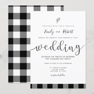Christmas Winter Black White Buffalo Plaid Wedding Invitation