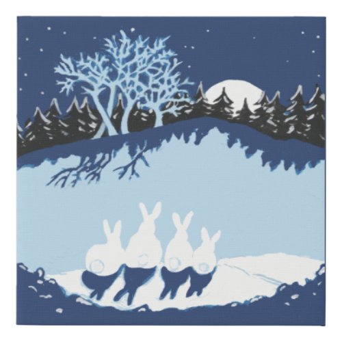 Christmas Winter Blue Bunny Rabbits Snow Landscape Faux Canvas Print