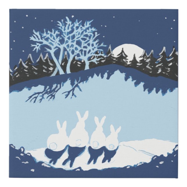 Christmas Winter Blue Bunny Rabbits Snow Landscape Faux Canvas Print (Front)