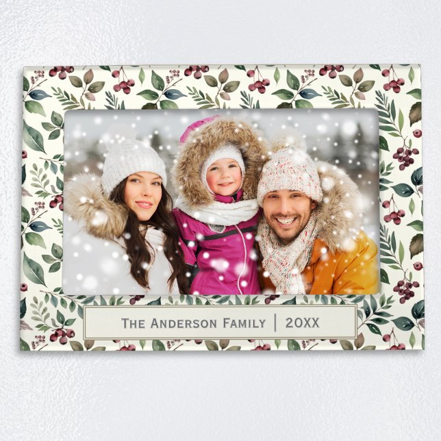 Christmas Winter Botanical Greenery Personalized Magnetic Frame (A magnetic photo frame in cream with winter botanicals pattern, customizable with a name and year)