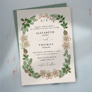 Christmas Winter Botanical Sage Green Gold Wedding Foil Invitation