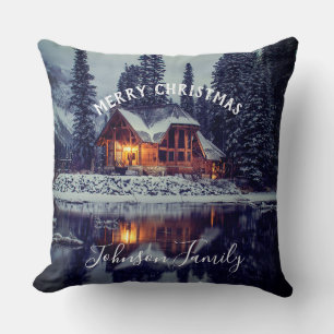 Christmas Winter Cabin By The Lake Throw Pillow